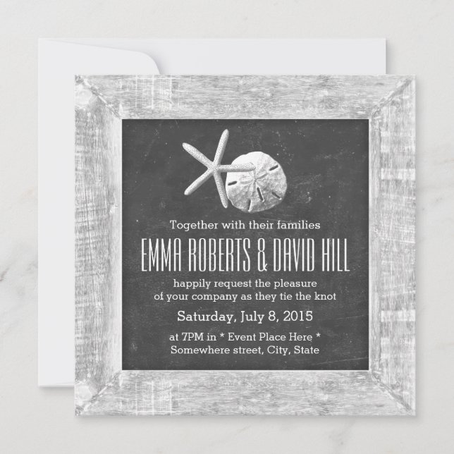 Rustic Wood Frame Seashells Beach Wedding Invitation (Front)