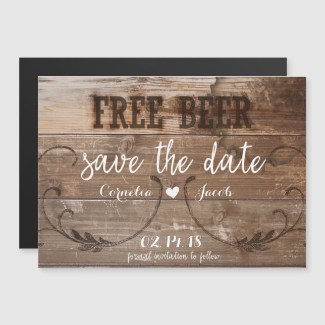 Rustic Wood Free Beer Funny Save The Date Magnet (Front/Back)