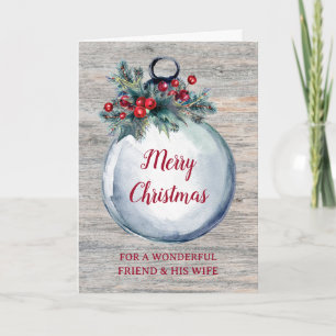 Rustic Wood Friend and His Wife Merry Christmas Card