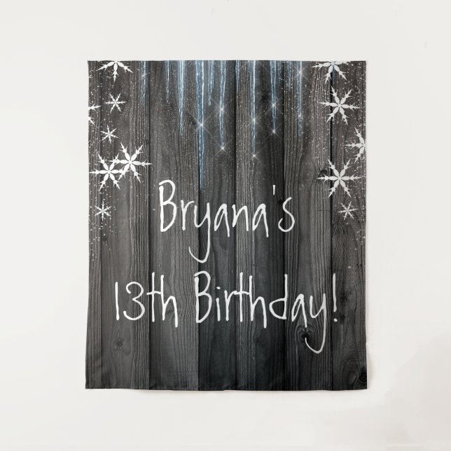 Rustic Wood Frozen Ice Winter Snowflakes Backdrop Tapestry (Front)