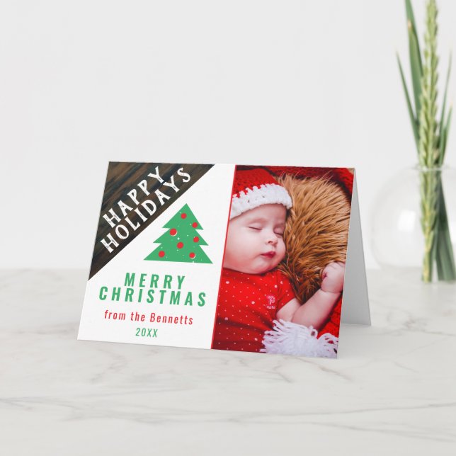 Rustic Wood Fun Green Red Family Christmas Photo Holiday Card (Front)