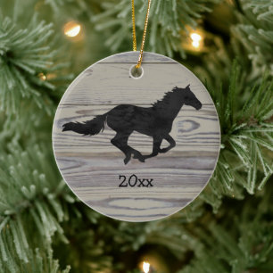 Rustic Wood Galloping Horse Watercolor Silhouette Ceramic Ornament