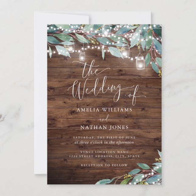 Rustic Wood Garden String lights Wedding Invitation (Front)