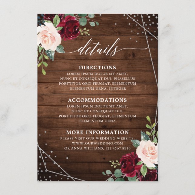Rustic Wood Geometric Burgundy Floral Details Enclosure Card (Front)