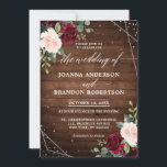 Rustic Wood Geometric Burgundy Floral Wedding Invitation<br><div class="desc">Rustic country wood floral boho wedding invitation features hand-painted watercolor floral graphics / roses in rich tones of Burgundy , Marsala Red and blush pink / peach and charming hand lettering style font with modern geometric frame and confetti / glitter on wooden background. Please contact me for any help in...</div>