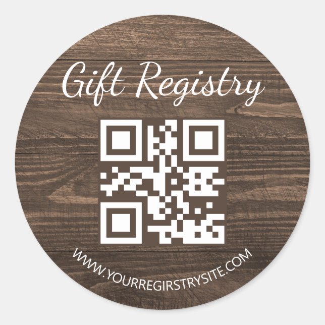 rustic wood gift registry qr code baby shower classic round sticker (Front)