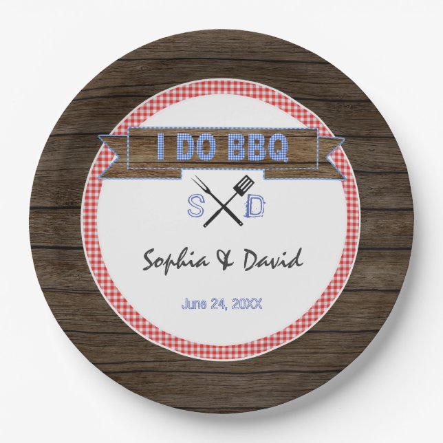 Rustic Wood Gingham I DO BBQ Couples Shower Paper Plate (Front)
