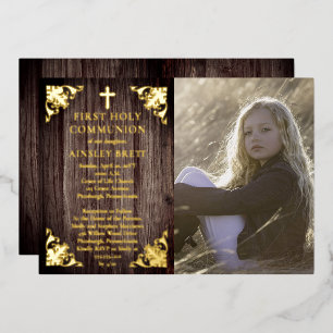 Rustic Wood Girl Photo First Holy Communion - Gold