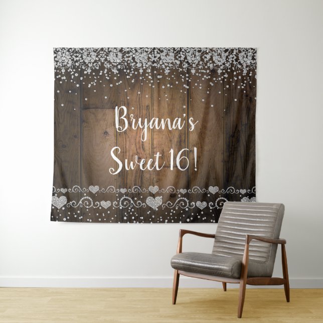 Rustic Wood Glam Diamonds Glitter Party Backdrop Tapestry (In Situ (Horizontal))