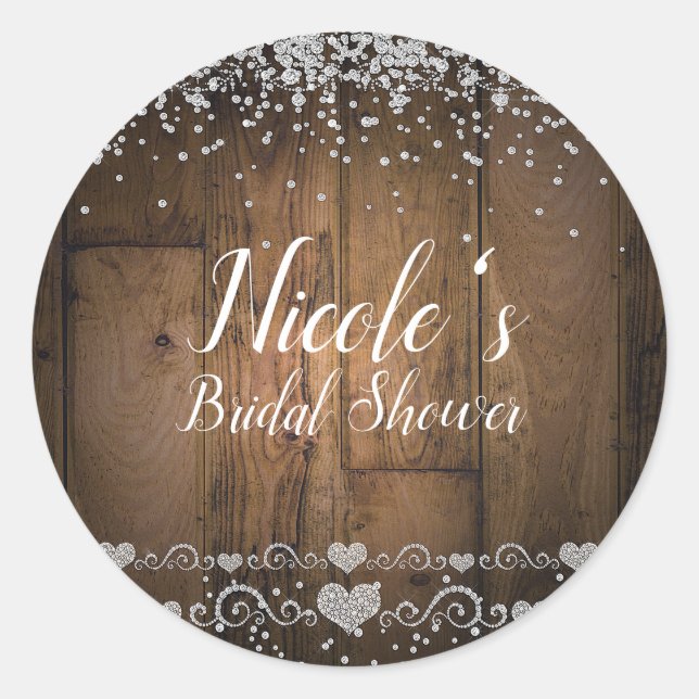 Rustic Wood Glam Diamonds Glitter Party Favour Classic Round Sticker (Front)