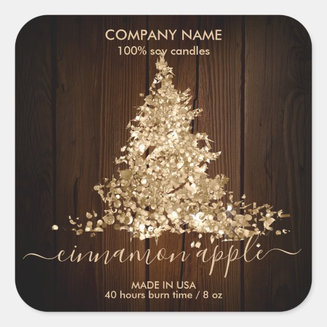 Rustic Wood Glitter Christmas Tree Candle label (Front)