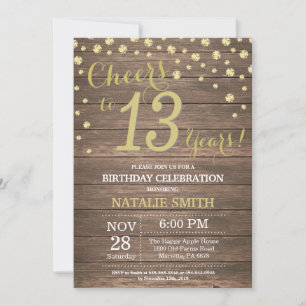 Rustic Wood Gold 13th Birthday Diamond Invitation