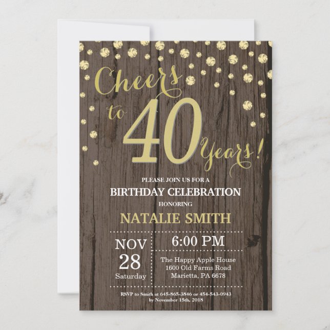 Rustic Wood Gold 40th Birthday Diamond Invitation (Front)