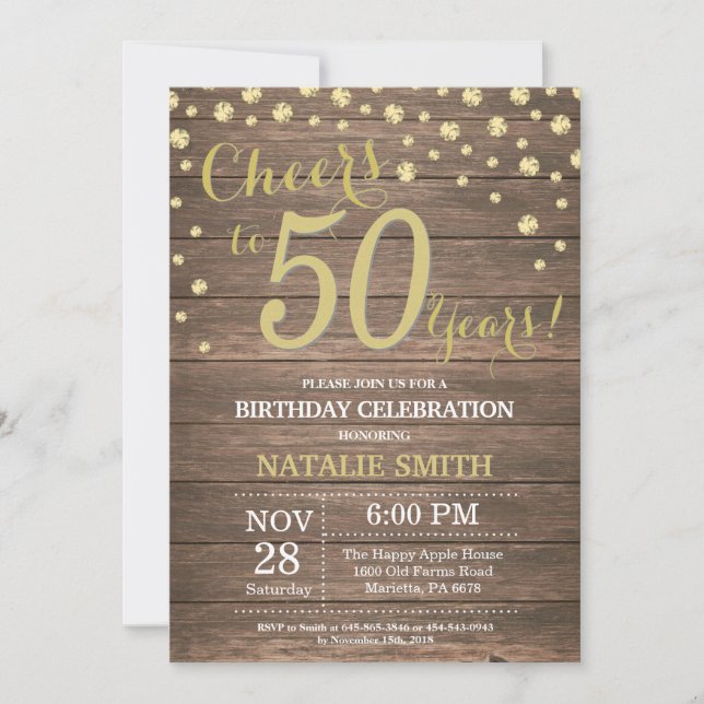 Rustic Wood Gold 50th Birthday Diamond Invitation (Front)