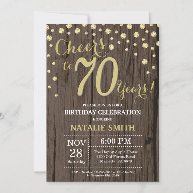 Rustic Wood Gold 70th Birthday Diamond Invitation (Front)
