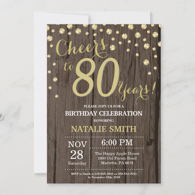 Rustic Wood Gold 80th Birthday Diamond Invitation (Front)