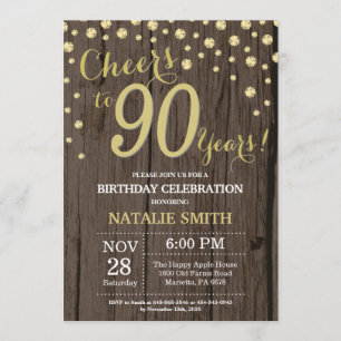 Rustic Wood Gold 90th Birthday Diamond Invitation