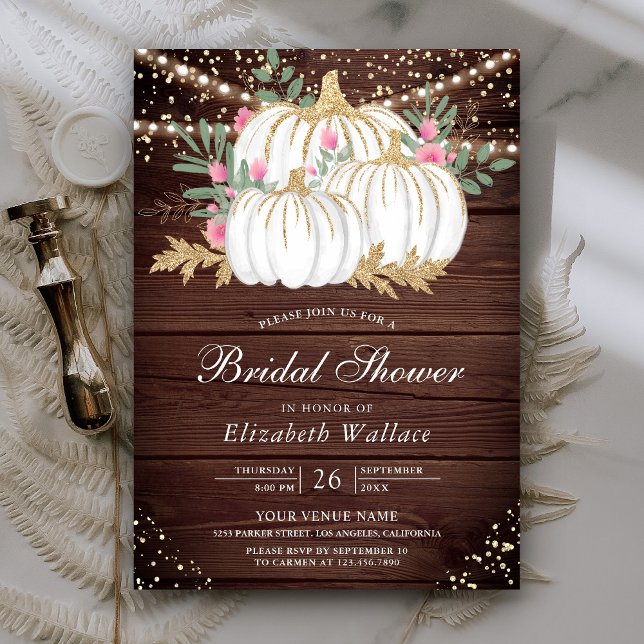  Rustic Wood Gold and White Pumpkins Bridal Shower Invitation (Creator Uploaded)