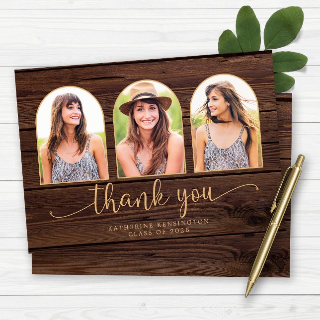 Rustic Wood Gold Arch 3 Photo Graduation Thank You Card (Rustic Wood Gold Arch 3 Photo Graduation Thank You Card)