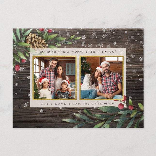 Rustic Wood & Gold Christmas Berries Holiday Photo Postcard (Front)