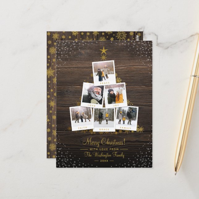 Rustic Wood & Gold | Christmas Tree Photo Collage Postcard (Front/Back In Situ)
