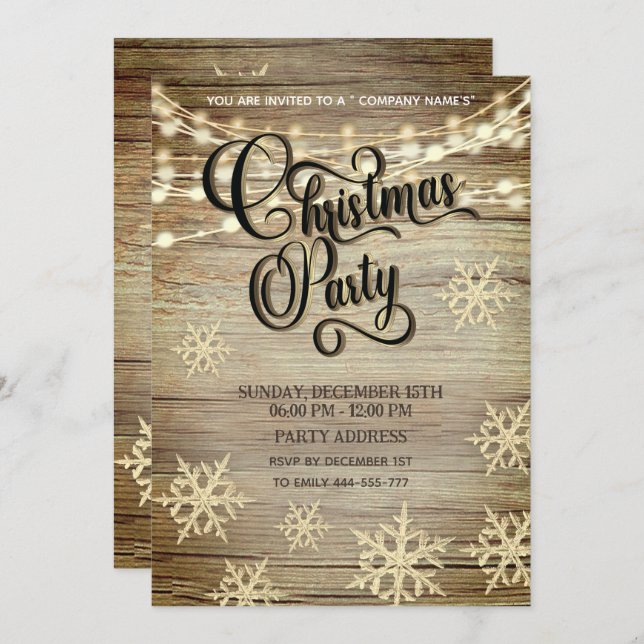 Rustic wood gold  corporate Christmas party Invitation (Front/Back)