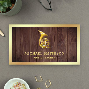 Rustic Wood Gold Foil French Horn Music Teacher Business Card