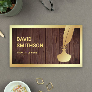 Rustic Wood Gold Foil Inkwell Feather Quill Pen Business Card