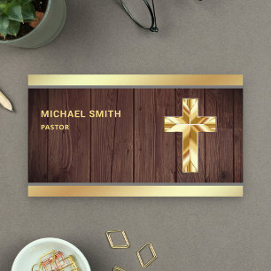 Rustic Wood Gold Foil Jesus Christ Cross Pastor Business Card