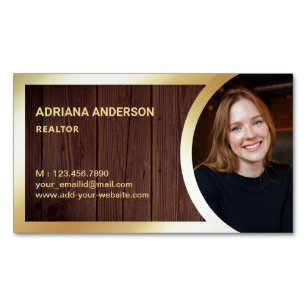 Rustic Wood Gold Foil Real Estate Photo Realtor Magnetic Business Card
