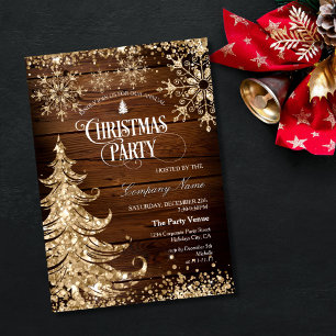 Rustic Wood Gold Glitter Corporate Christmas Party Invitation
