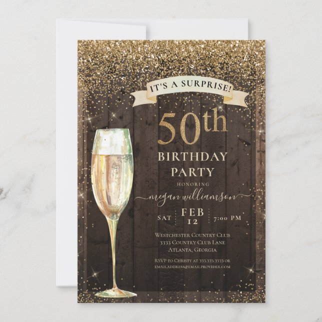 Rustic Wood Gold Glitter Surprise 50th Birthday Invitation (Front)