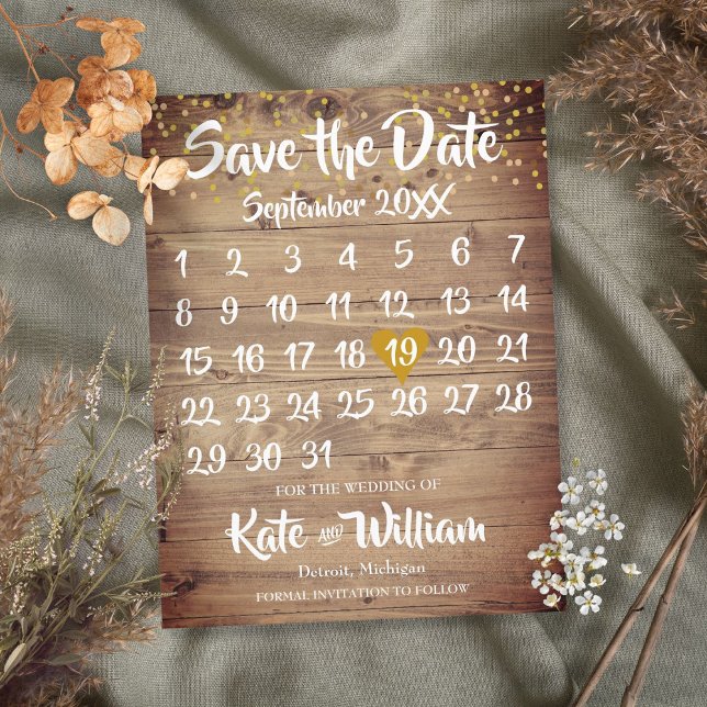Rustic Wood Gold Love Heart Calendar Save the Date Announcement Postcard (Creator Uploaded)