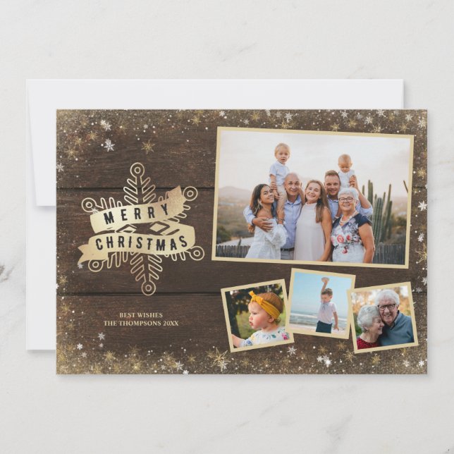 Rustic Wood Gold Snowflake Christmas Photo Collage Holiday Card (Front)