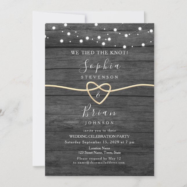 Rustic Wood Gold String Lights Wedding Reception Invitation (Front)