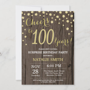Rustic Wood Gold Surprise 100th Birthday Diamond Invitation