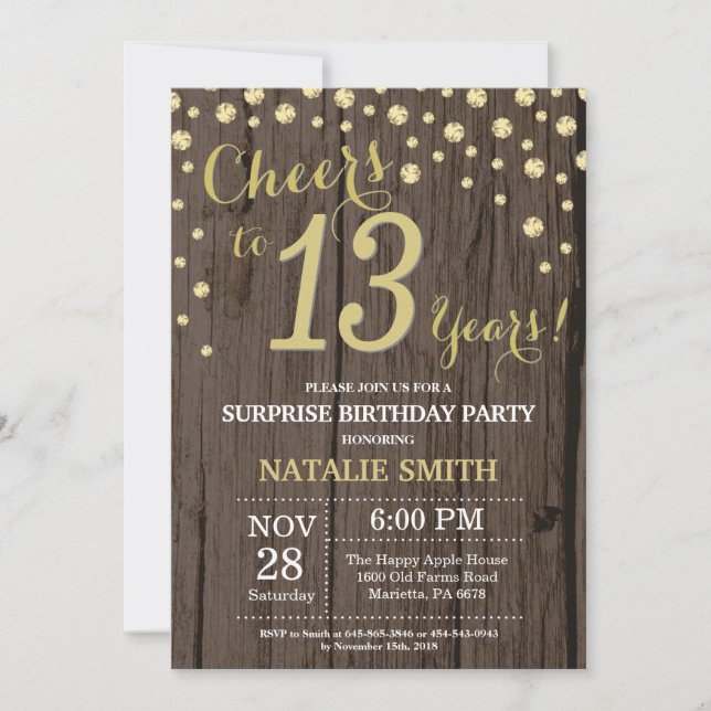 Rustic Wood Gold Surprise 13th Birthday Diamond Invitation (Front)