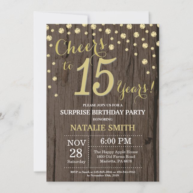 Rustic Wood Gold Surprise 15th Birthday Diamond Invitation (Front)