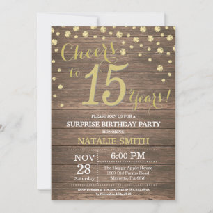 Rustic Wood Gold Surprise 15th Birthday Diamond Invitation