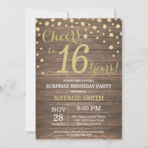 Rustic Wood Gold Surprise 16th Birthday Diamond Invitation