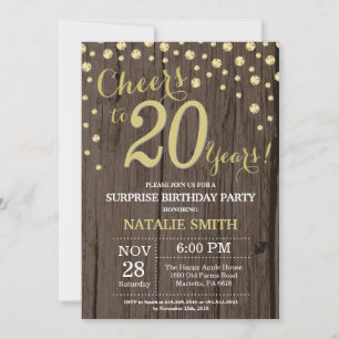Rustic Wood Gold Surprise 20th Birthday Diamond Invitation