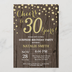 Rustic Wood Gold Surprise 30th Birthday Diamond Invitation