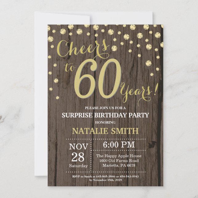 Rustic Wood Gold Surprise 60th Birthday Diamond Invitation (Front)