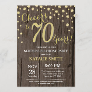 Rustic Wood Gold Surprise 70th Birthday Diamond Invitation