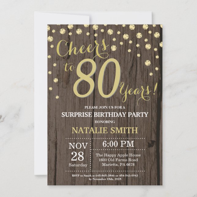 Rustic Wood Gold Surprise 80th Birthday Diamond Invitation (Front)