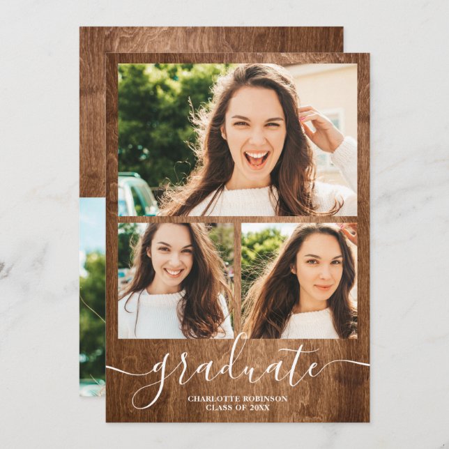 Rustic wood graduate script 4 photos graduation invitation (Front/Back)