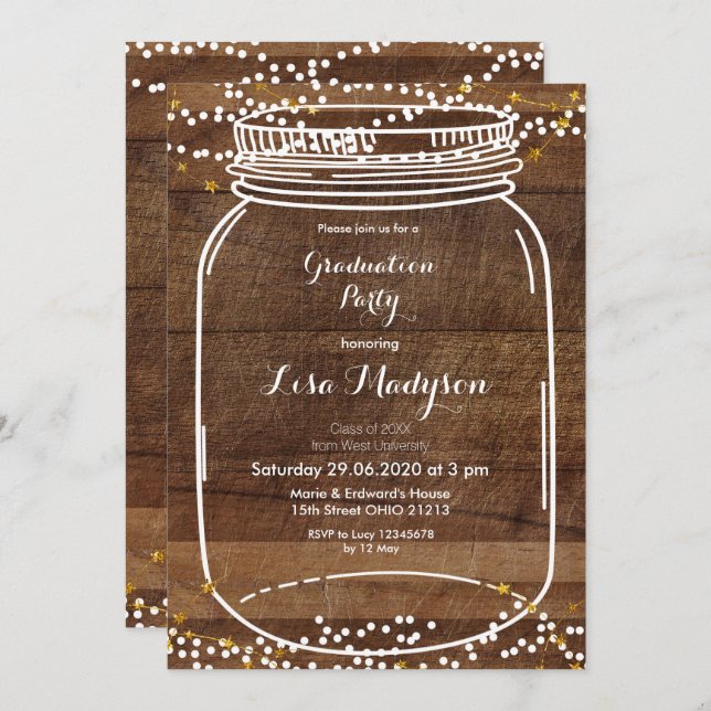 Rustic Wood Graduation Party Invitation Mason jar (Front/Back)