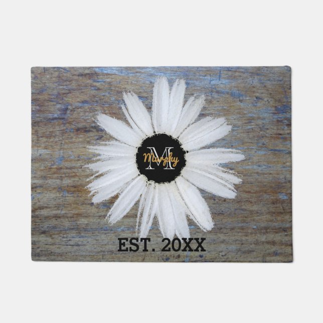 Rustic Wood Grain Add Name Year | Monogram Daisy Doormat (Front)
