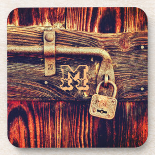 Rustic wood grain antique brass lock brown black coaster