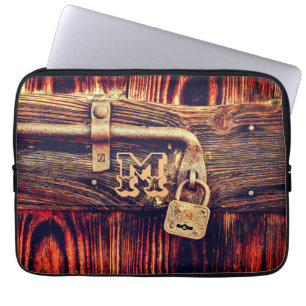 Rustic wood grain antique brass lock brown laptop sleeve